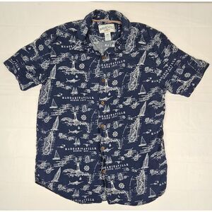 Margaritaville Button Up Shirt Mens Large. Navy Sailing Map‎ Beach Camp AOP.
